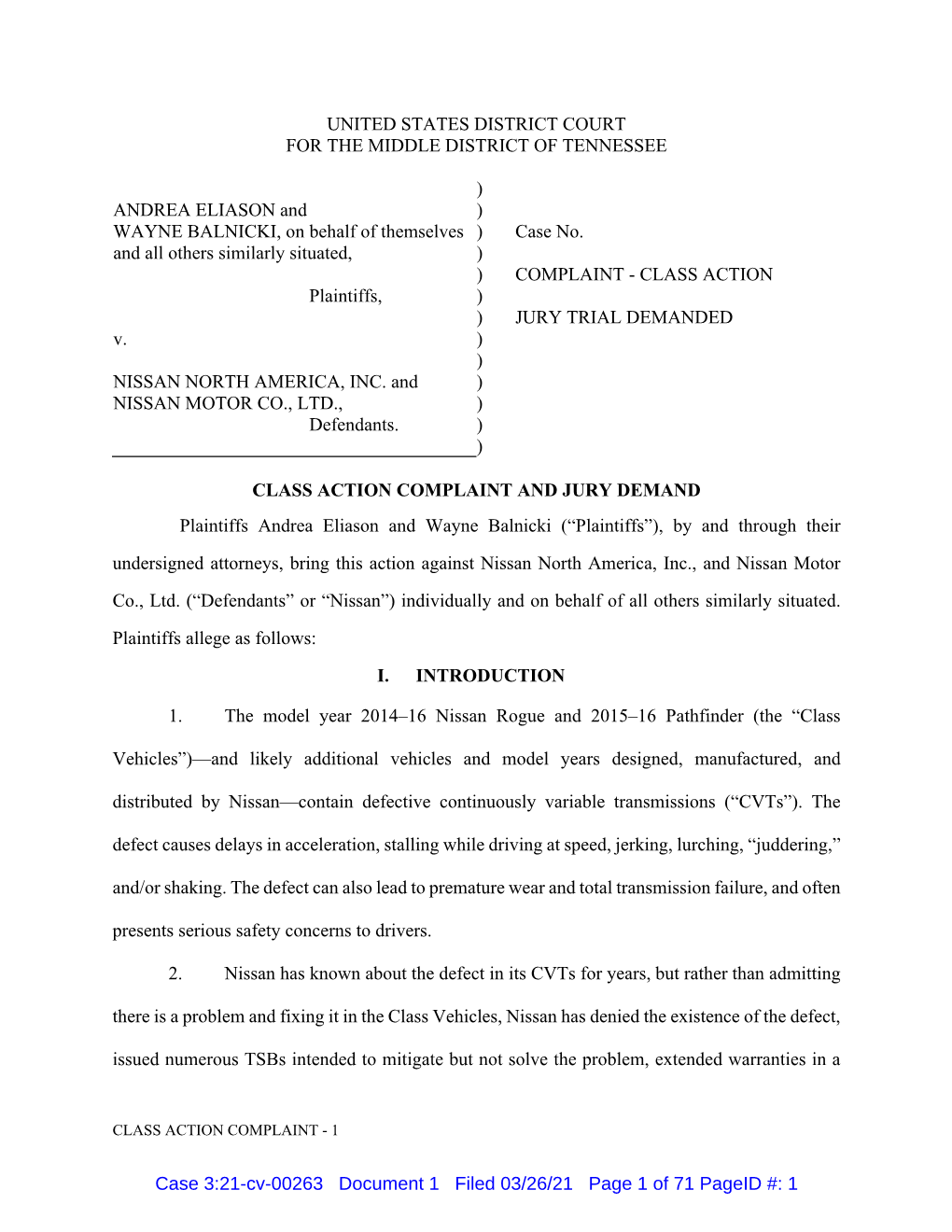 UNITED STATES DISTRICT COURT for the MIDDLE DISTRICT of TENNESSEE ANDREA ELIASON and WAYNE BALNICKI, on Behalf of Themselves