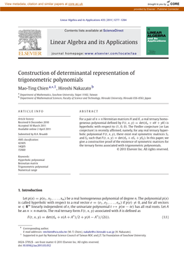 Construction of Determinantal Representation of Trigonometric Polynomials ∗ Mao-Ting Chien A, ,1, Hiroshi Nakazato B