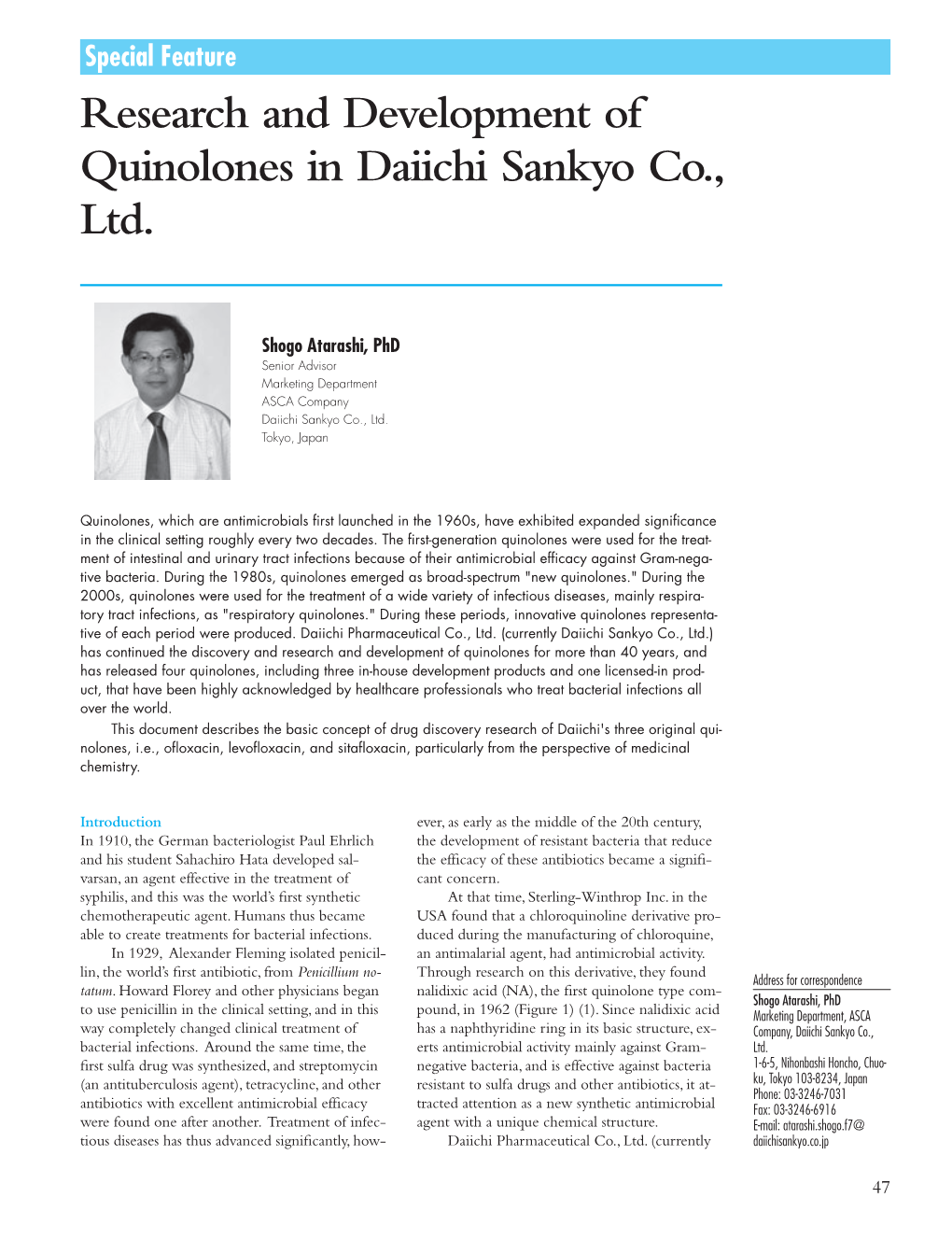 Research and Development of Quinolones in Daiichi Sankyo Co., Ltd