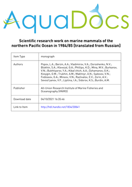 (VNIRO) Scientific Research Work on Marine Mammals of the Nort