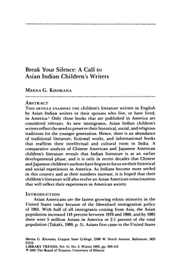 Break Your Silence: a Call to Asian Indian Children's Writers