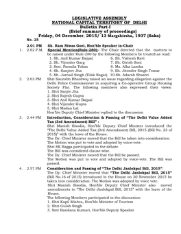 LEGISLATIVE ASSEMBLY NATIONAL CAPITAL TERRITORY of DELHI Bulletin Part-I (Brief Summary of Proceedings) Friday, 04 December, 20