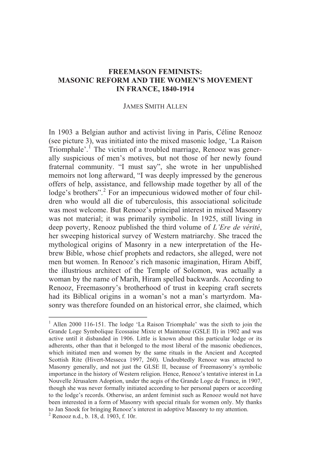 Freemason Feminists: Masonic Reform and the Women’S Movement in France, 1840-1914