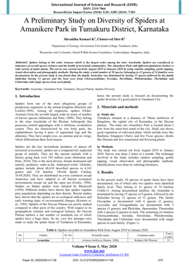 A Preliminary Study on Diversity of Spiders at Amanikere Park in Tumakuru District, Karnataka