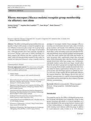 Rhesus Macaques (Macaca Mulatta) Recognize Group Membership Via Olfactory Cues Alone