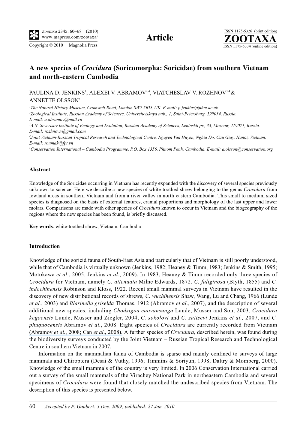 Zootaxa, a New Species of Crocidura (Soricomorpha: Soricidae)