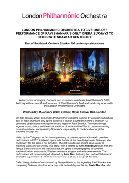 London Philharmonic Orchestra to Give One-Off Performance of Ravi Shankar’S Only Opera Sukanya to Celebrate Shankar Centenary
