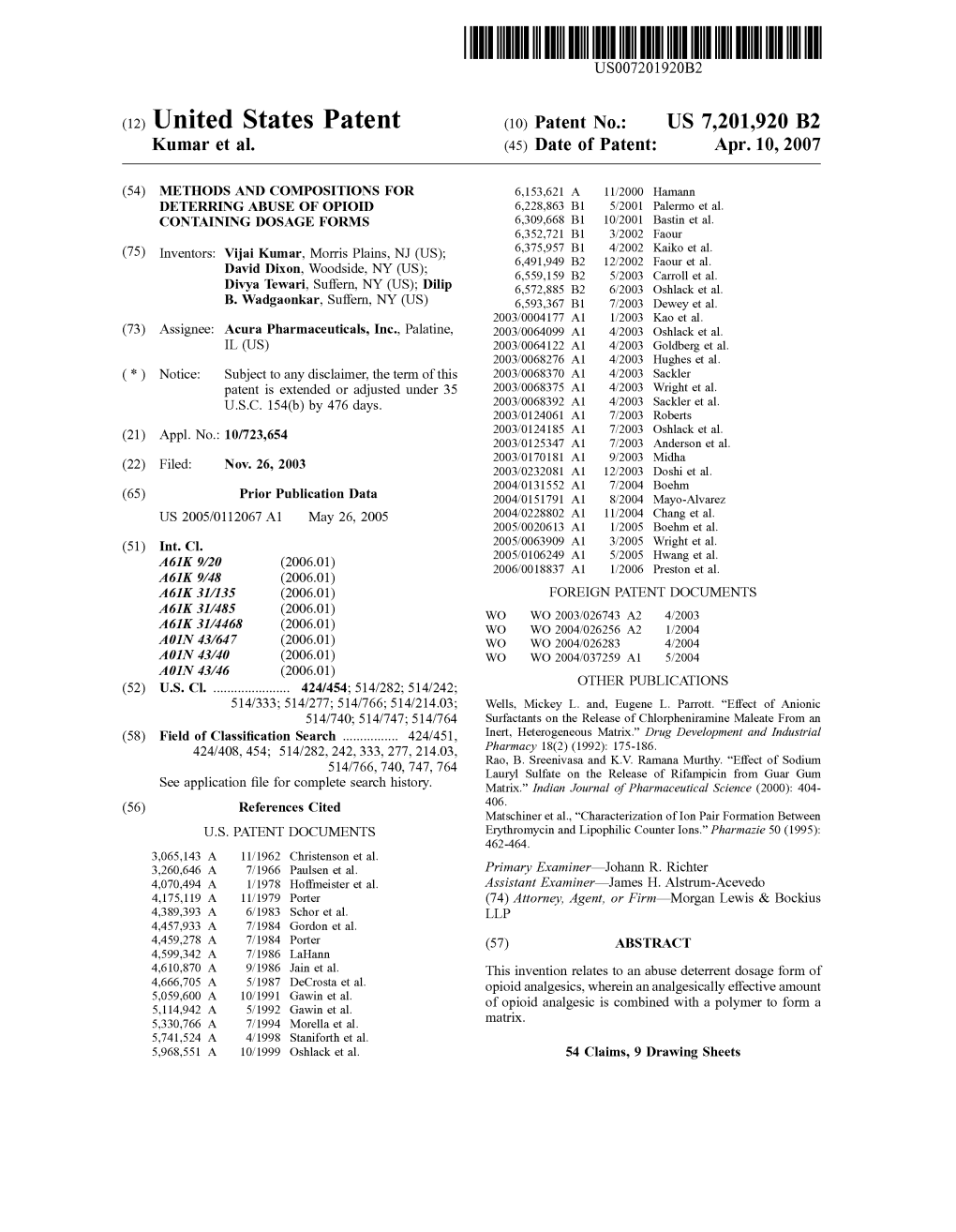 (12) United States Patent (10) Patent No.: US 7,201.920 B2 Kumar Et Al