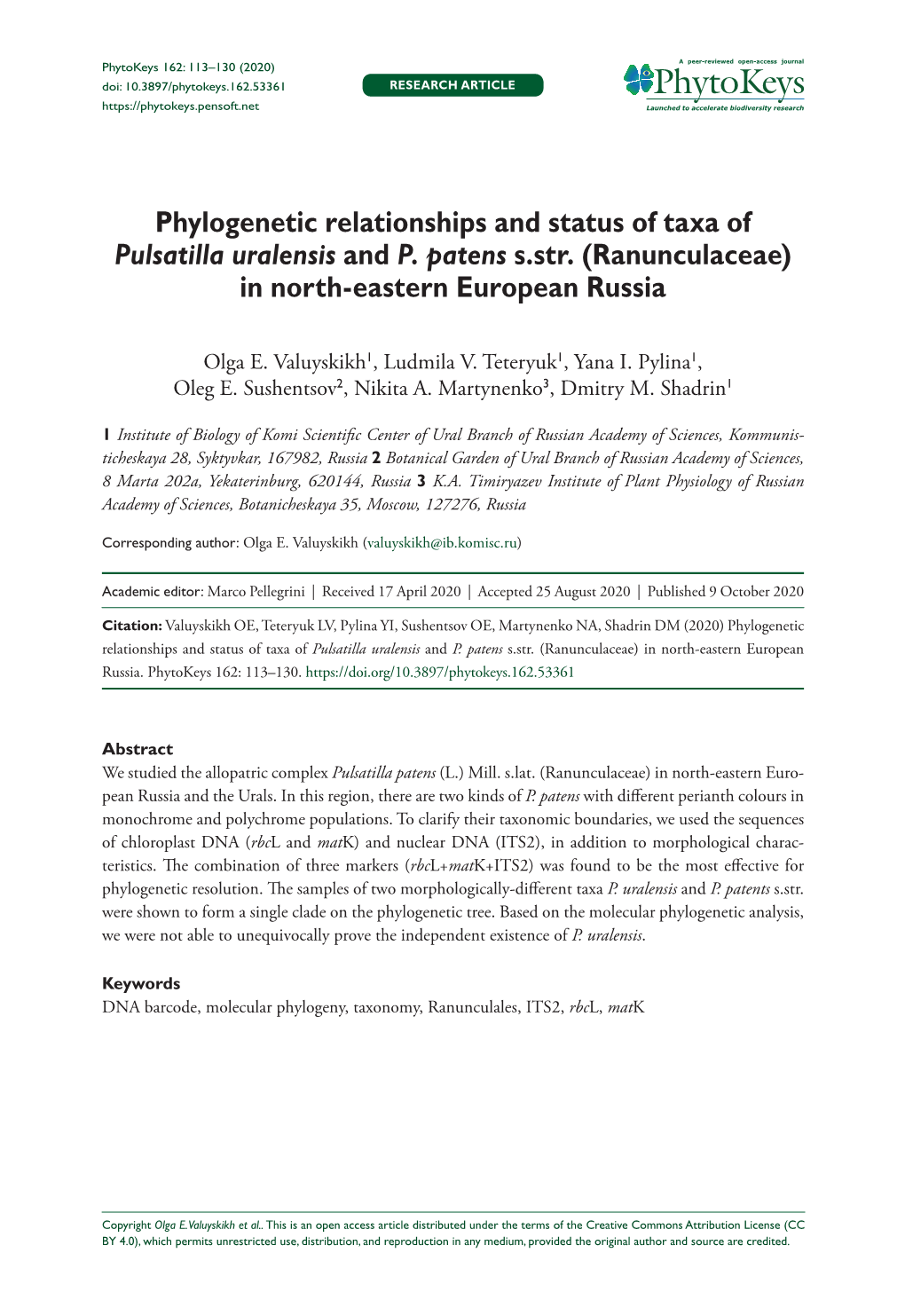 Phylogenetic Relationships and Status of Taxa of Pulsatilla Uralensis and P