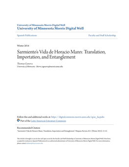 Sarmiento's Vida De Horacio Mann: Translation, Importation, and Entanglement Thomas Genova University of Minnesota - Morris, Tgenova@Morris.Umn.Edu