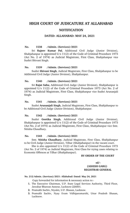 High Court of Judicature at Allahabad Notification Dated: Allahabad: May 24, 2021