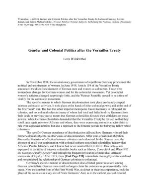 Gender and Colonial Politics After the Versailles Treaty