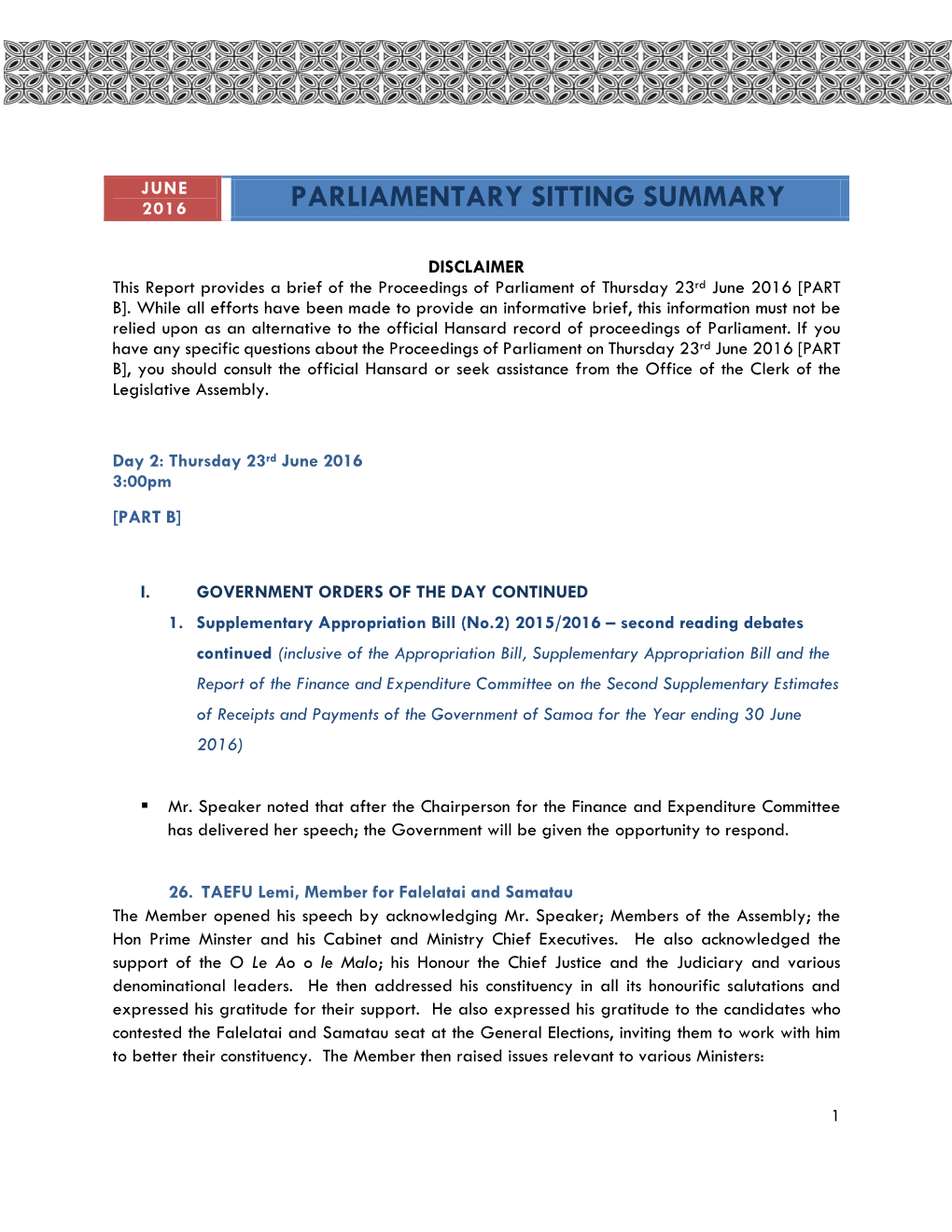 Parliamentary Sitting Summary