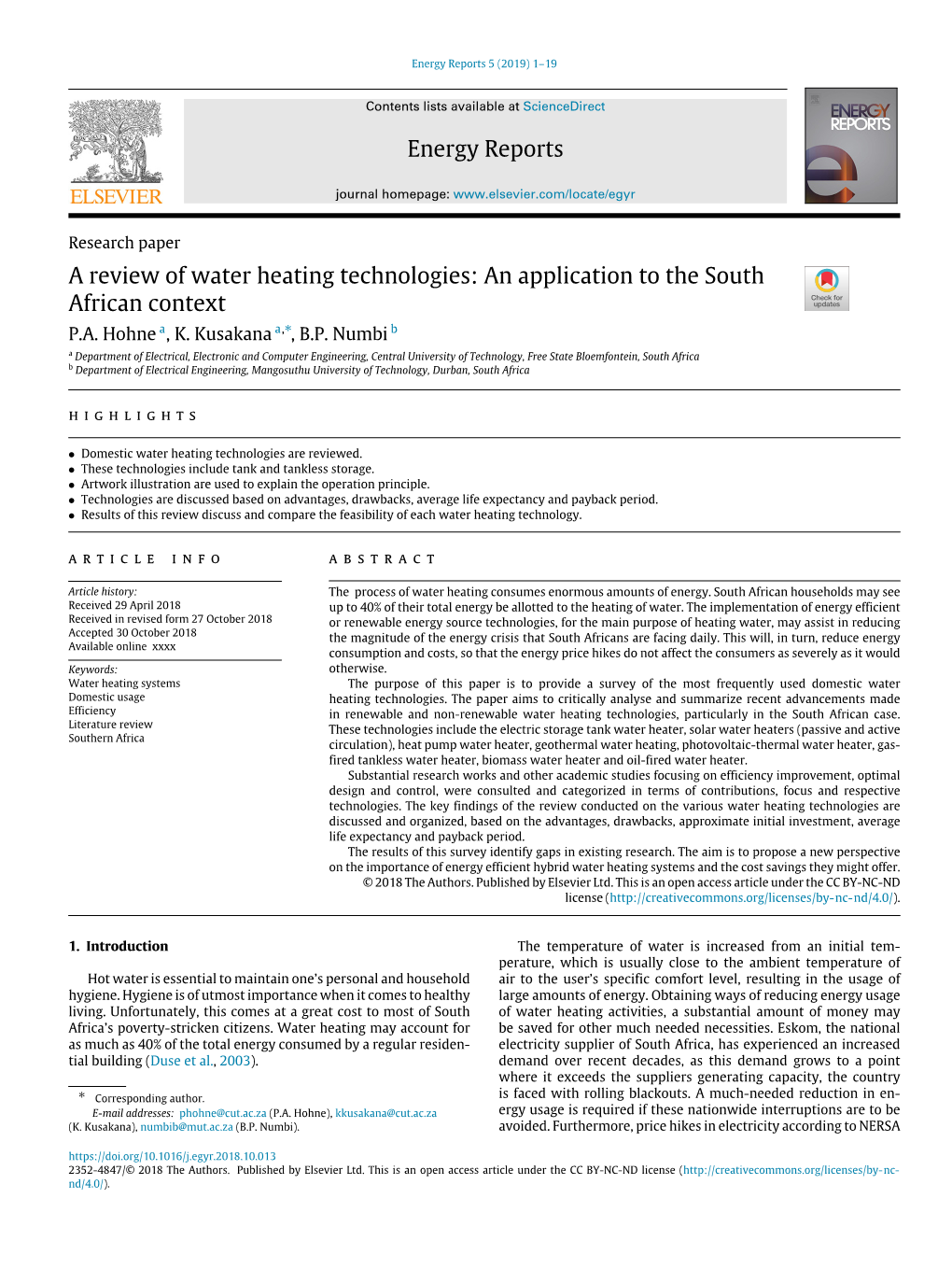 Energy Reports a Review of Water Heating Technologies