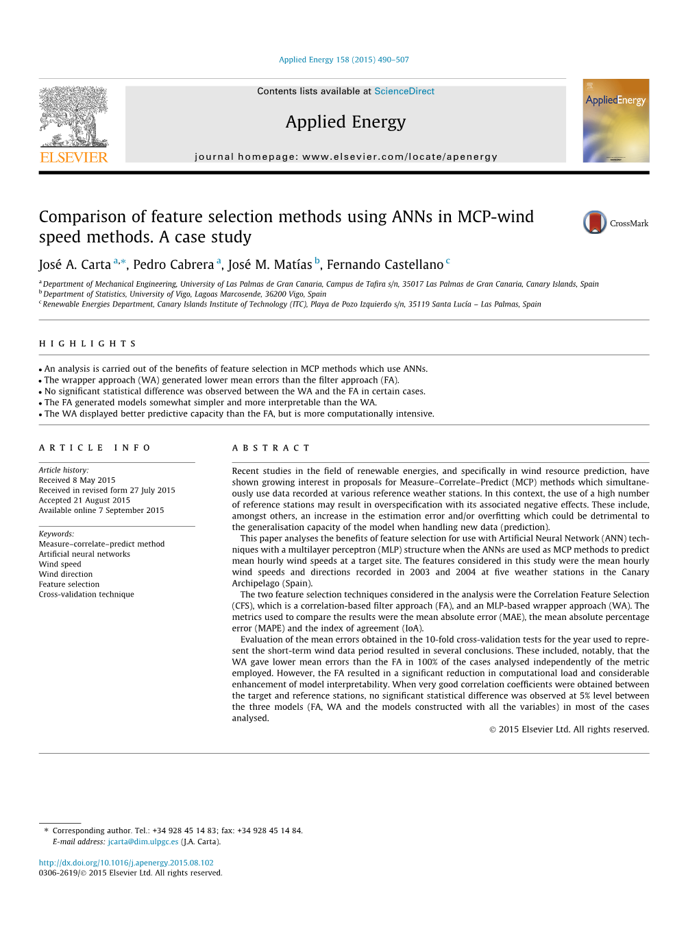 Comparison of Feature Selection Methods Using Anns in MCP-Wind Speed Methods. a Case Study ⇑ José A