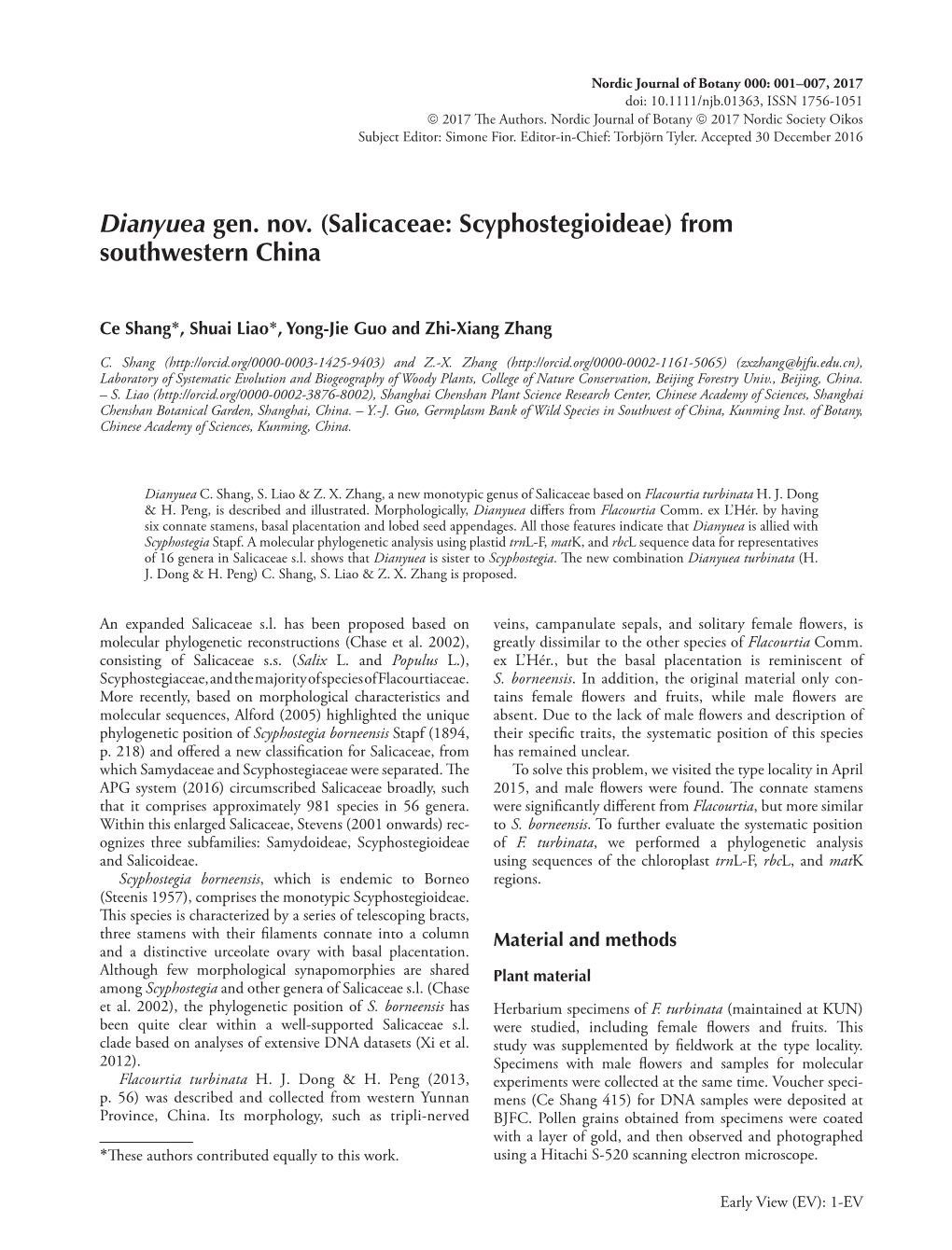 Dianyuea Gen. Nov. (Salicaceae: Scyphostegioideae) from Southwestern China