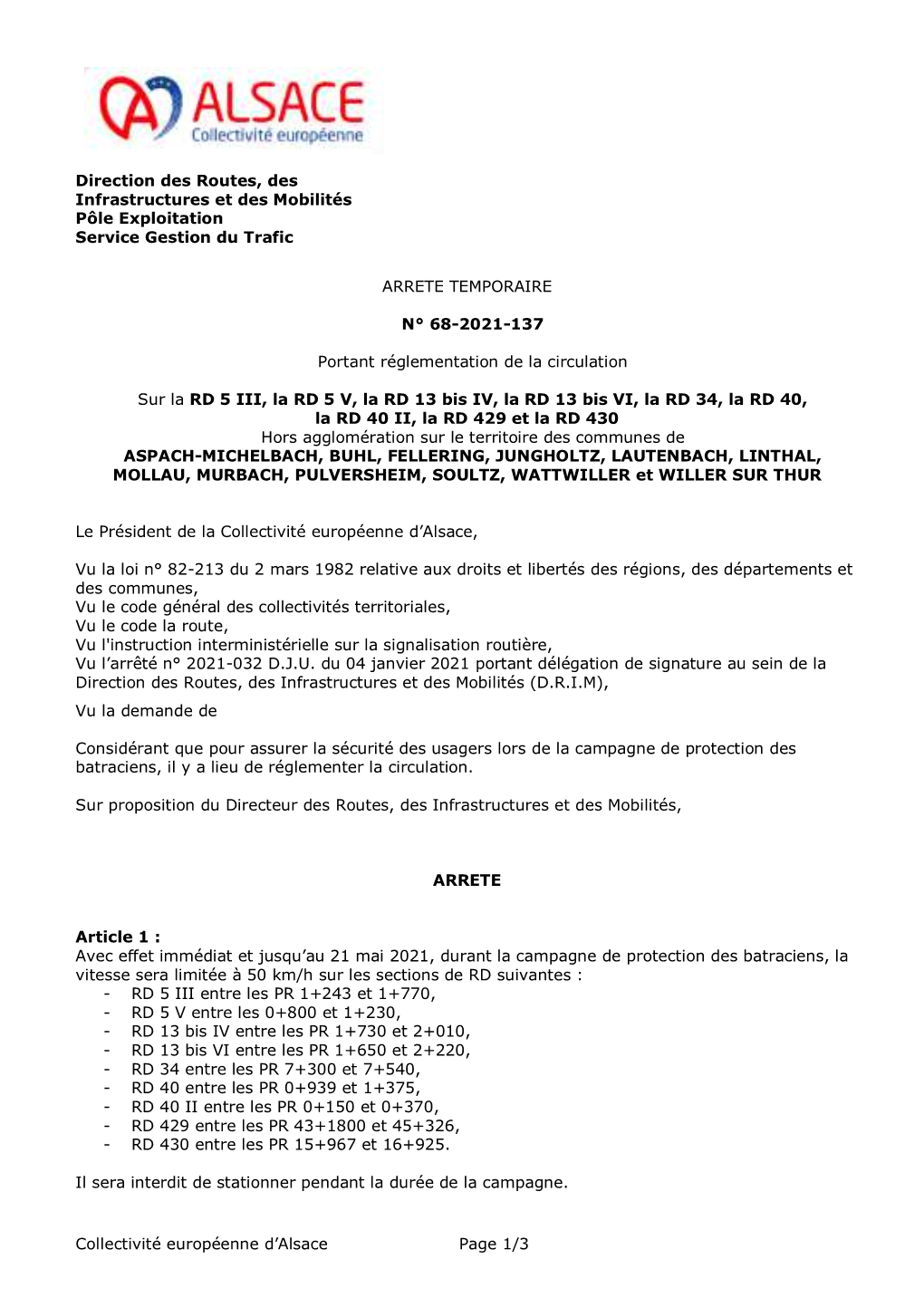 Collectivité Européenne D'alsace Page 1/3 Direction Des Routes, Des