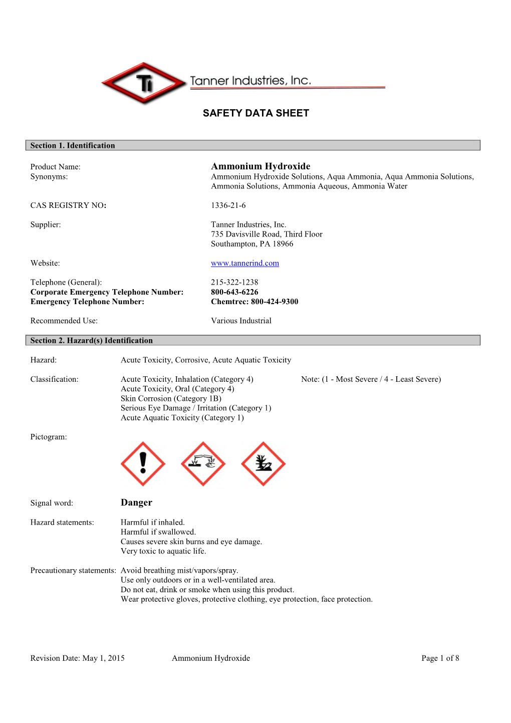 SAFETY DATA SHEET Ammonium Hydroxide Danger - DocsLib