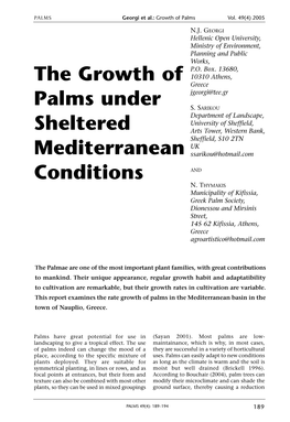 The Growth of Palms Under Sheltered Mediterranean Conditions