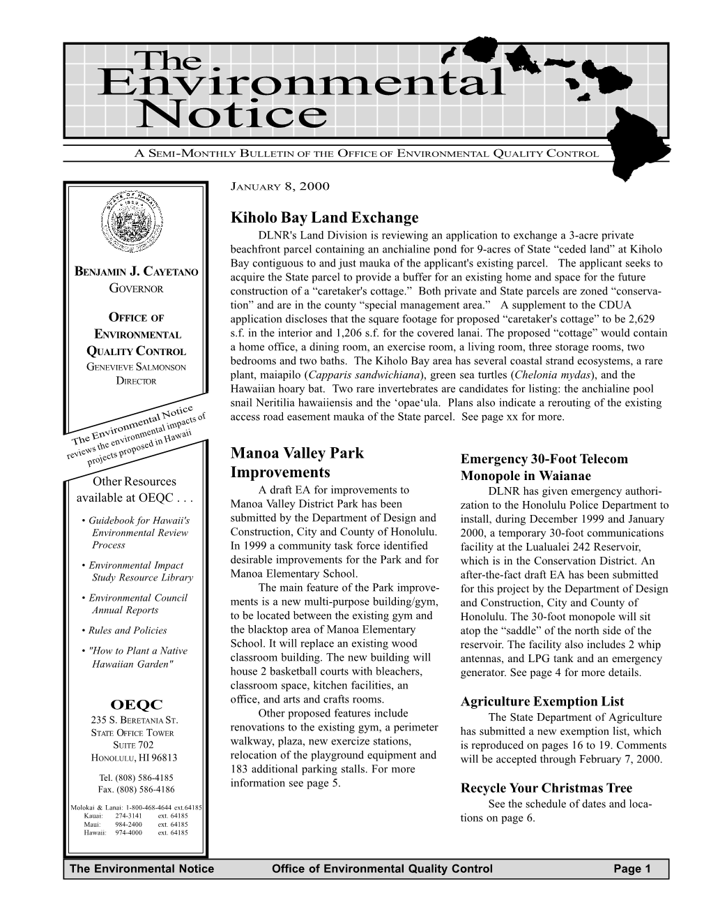 Oahu Notices Final Environmental Impact Statements (3) Mauna Kea Science Reserve Master Plan