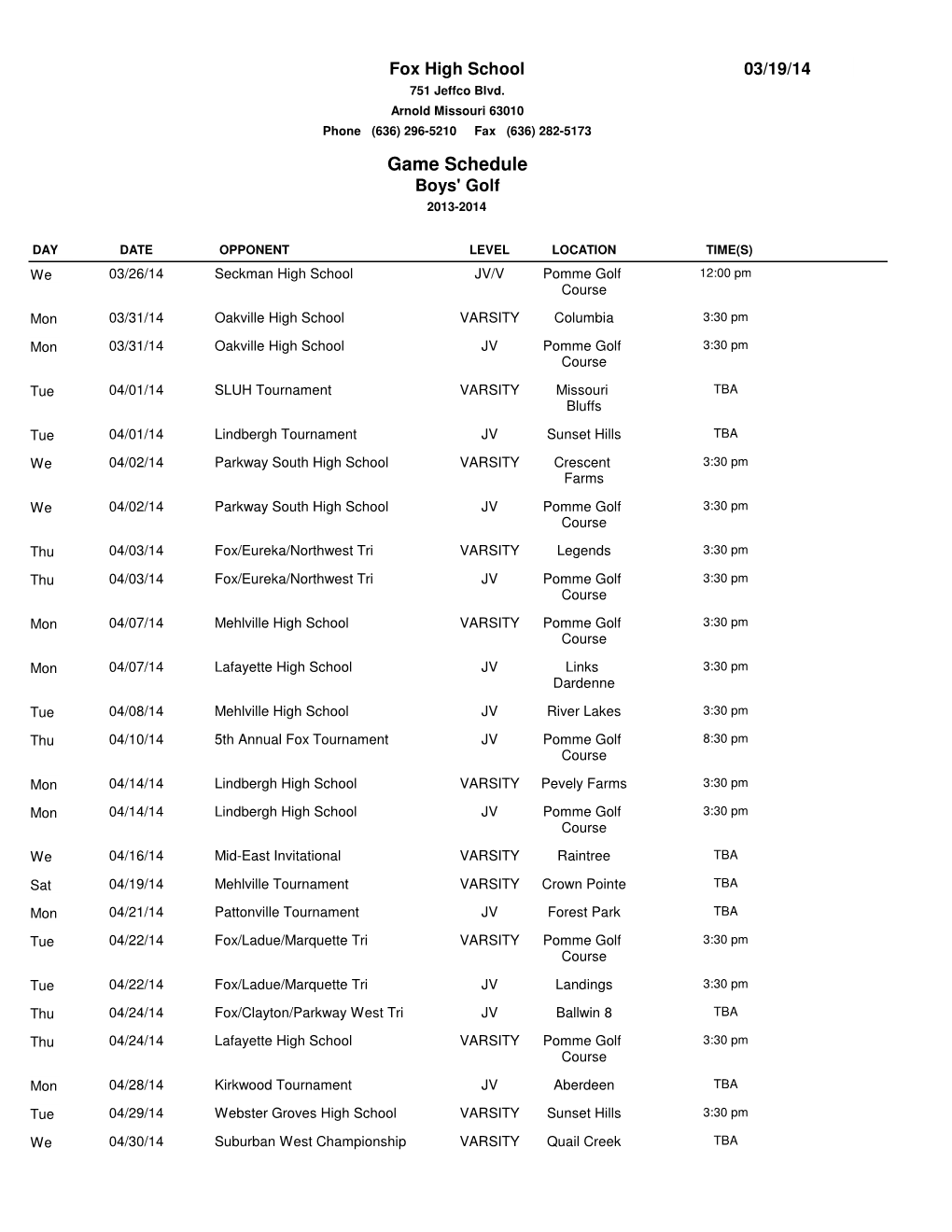 2013-2014-Boys-Golf-Schedule.Pdf