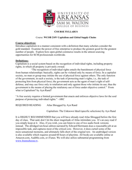 Course Objectives: Introduce Capitalism in a Manner Consistent with a Definition That Many Scholars Consider the Gold Standard