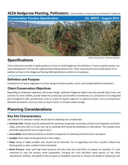 422A Hedgerow Planting, Pollinators: Central Valley, Central Coast, and Southern California Conservation Practice Specification CA, NRCS - August 2014