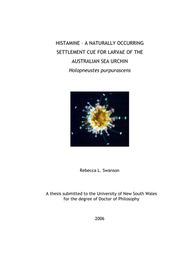 HISTAMINE – a NATURALLY OCCURRING SETTLEMENT CUE for LARVAE of the AUSTRALIAN SEA URCHIN Holopneustes Purpurascens
