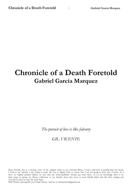 Chronicle of a Death Foretold Gabriel Garcia Marquez