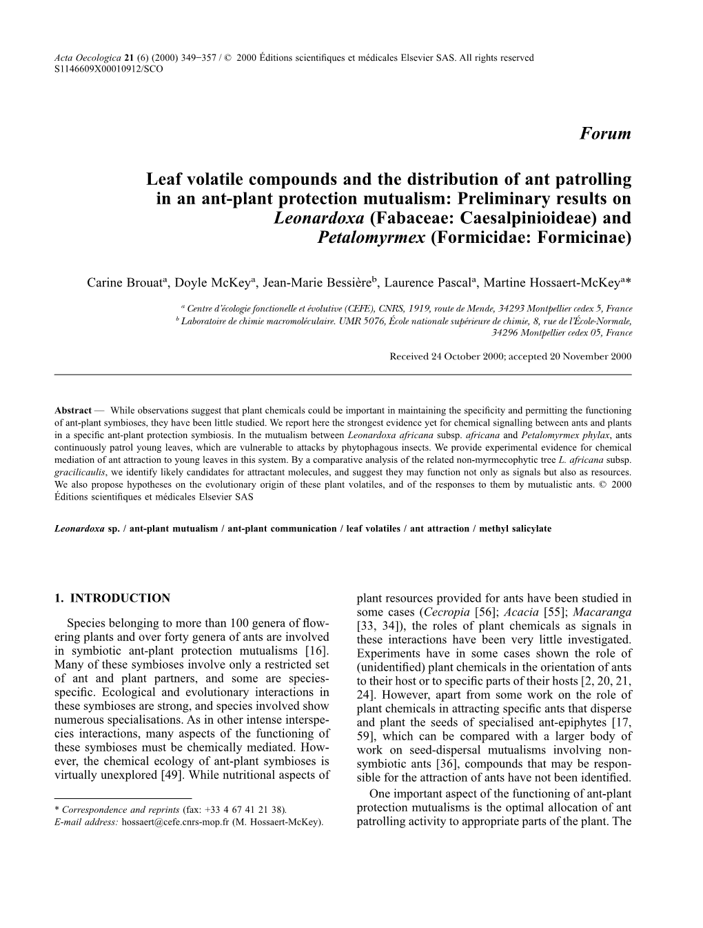 Forum Leaf Volatile Compounds and the Distribution of Ant Patrolling In