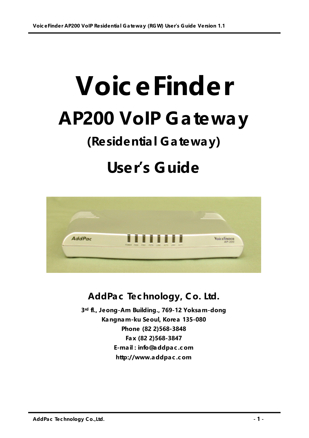 Voicefinder AP200 Voip Gateway (Residential Gateway) User’S Guide