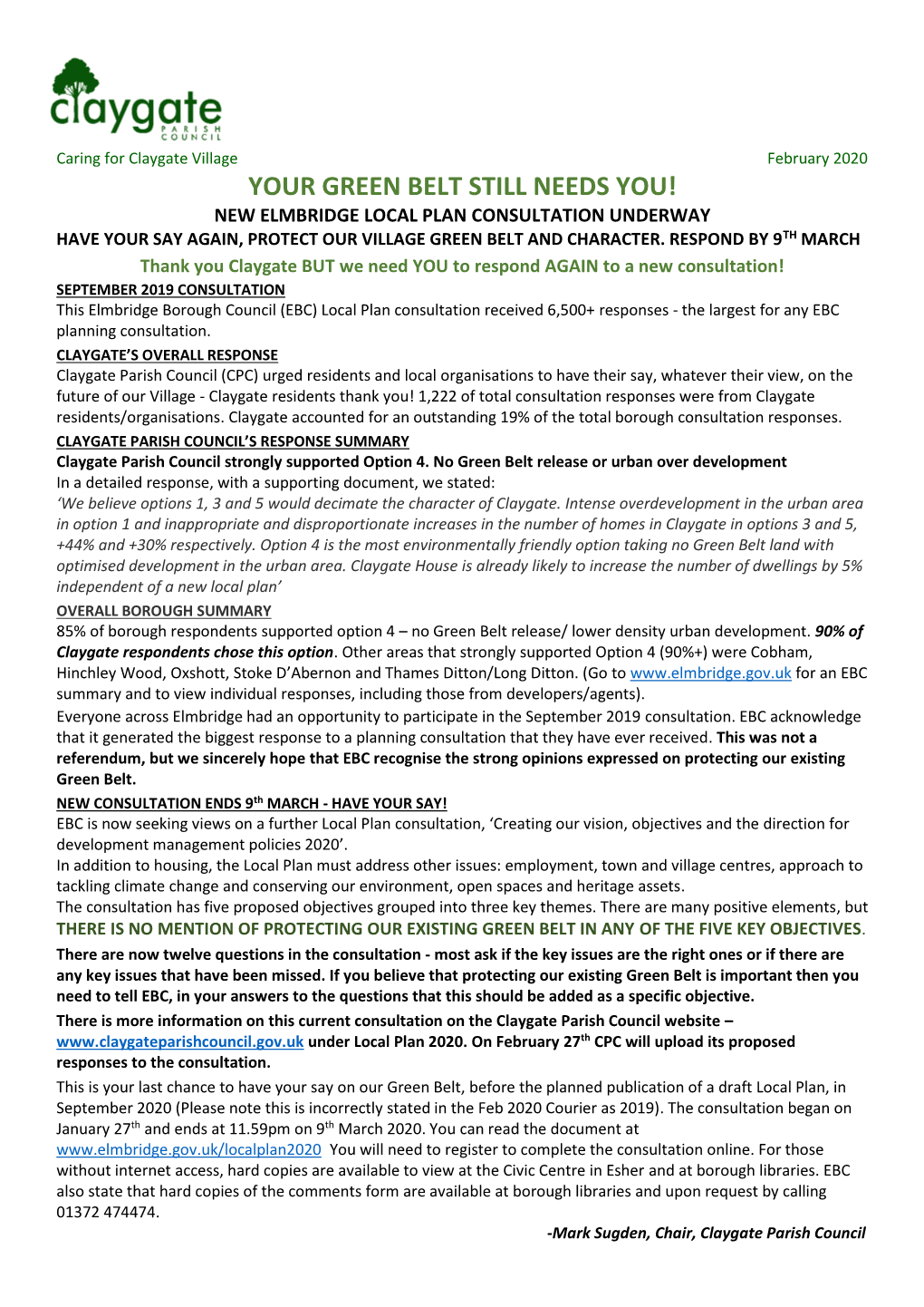 Your Green Belt Still Needs You! New Elmbridge Local Plan Consultation Underway Have Your Say Again, Protect Our Village Green Belt and Character