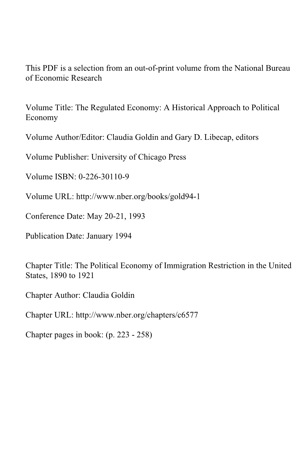 The Political Economy of Immigration Restriction in the United States, 1890 to 1921