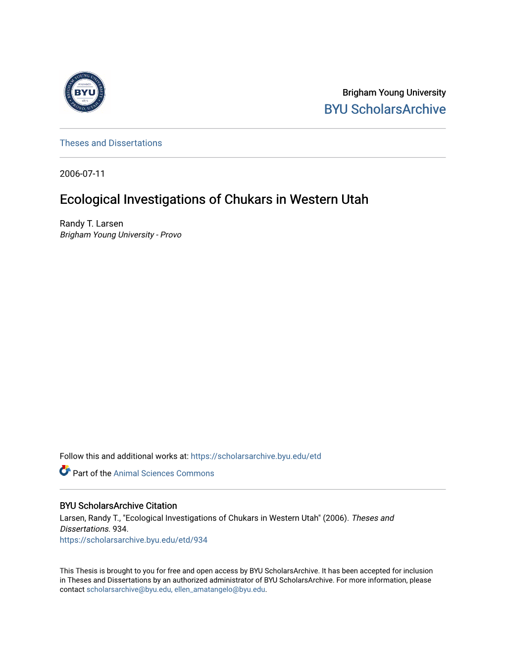 Ecological Investigations of Chukars in Western Utah