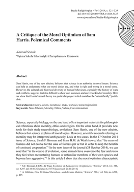 A Critique of the Moral Optimism of Sam Harris. Polemical Comments