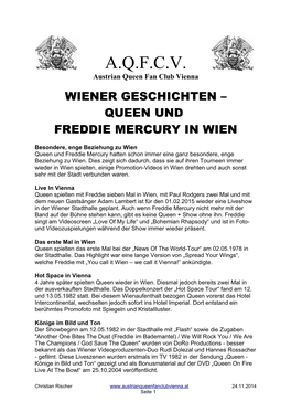 A.Q.F.C.V. Austrian Queen Fan Club Vienna WIENER GESCHICHTEN – QUEEN UND FREDDIE MERCURY in WIEN