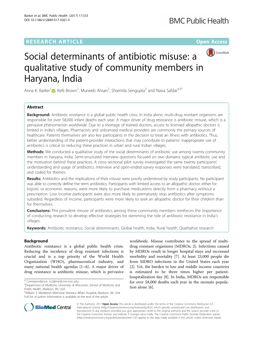 Social Determinants of Antibiotic Misuse: a Qualitative Study of Community Members in Haryana, India Anna K