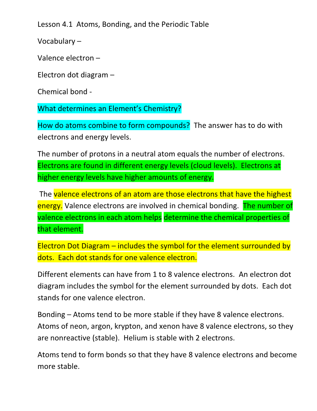 Lesson 4.1 Atoms, Bonding, and the Periodic Table Vocabulary