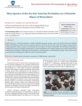 Mass Species of the Sea Star Asterina Pectinifera As a Potential Object of Mariculture