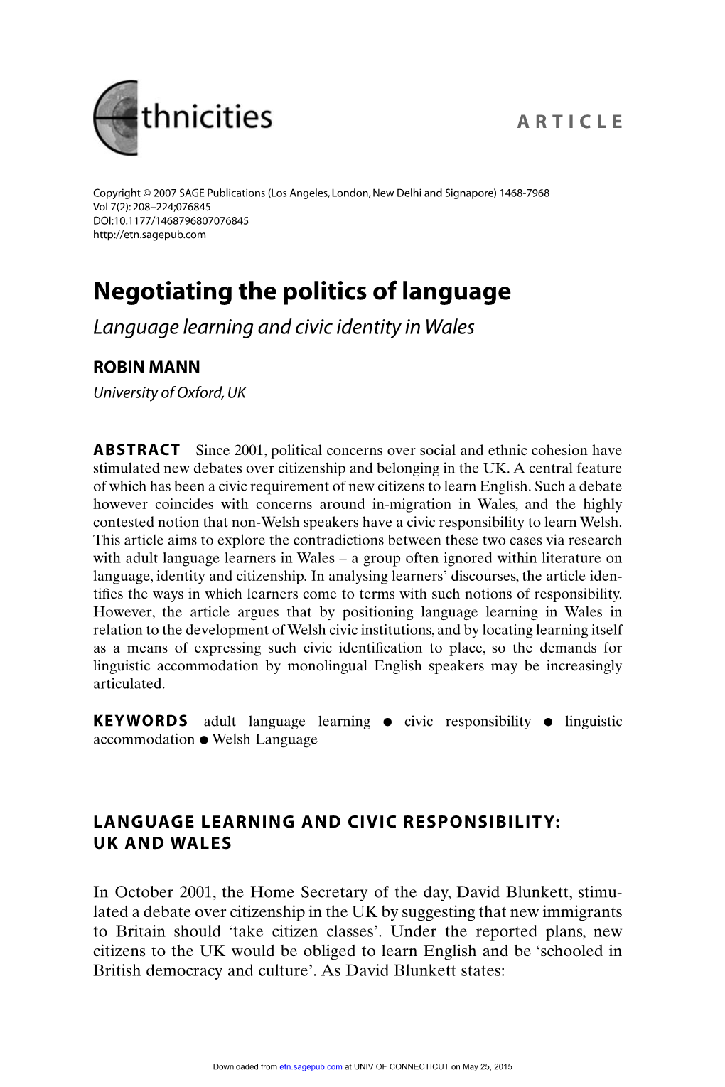 Negotiating the Politics of Language Language Learning and Civic Identity in Wales