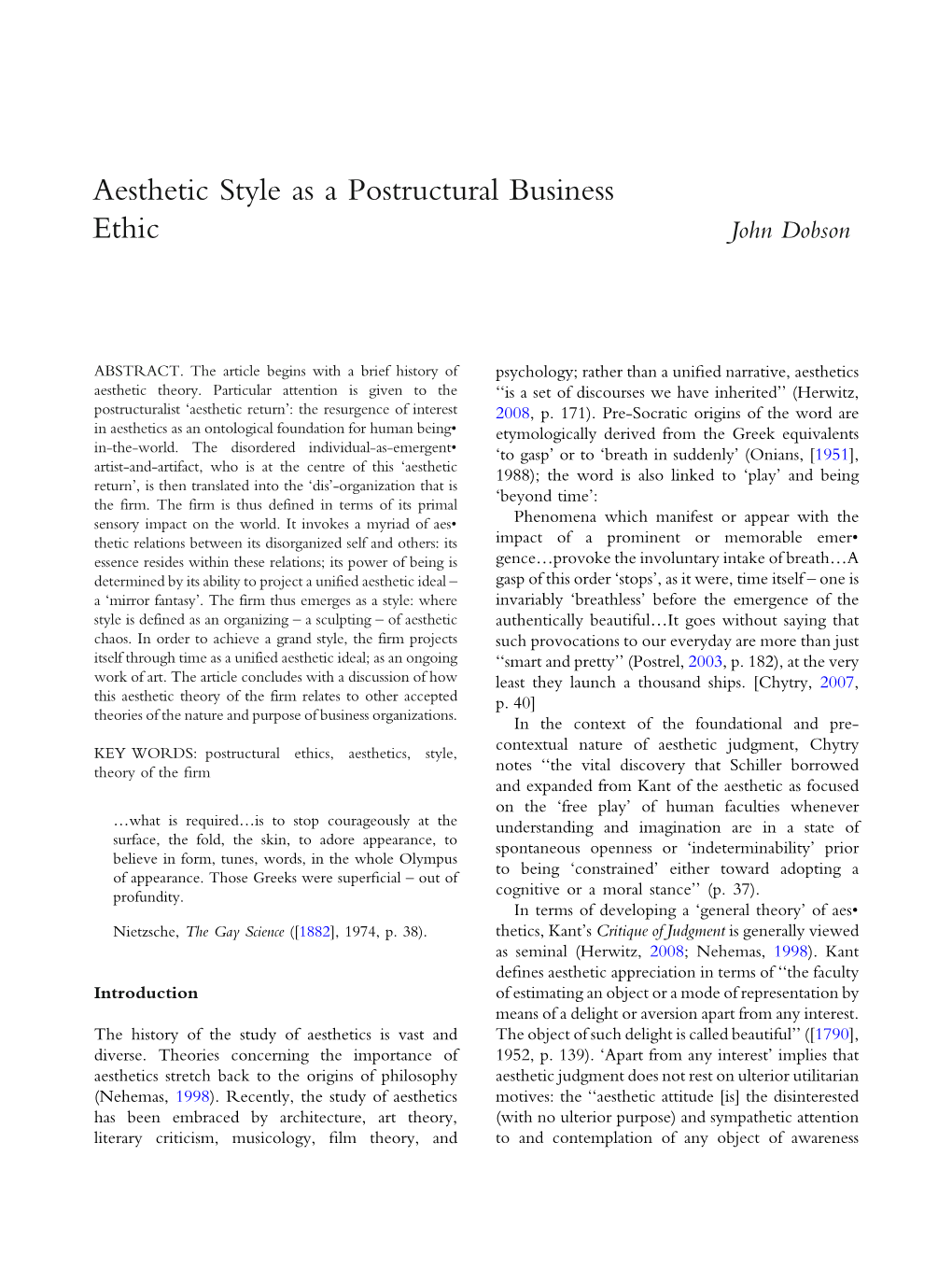 Aesthetic Style As a Postructural Business Ethic John Dobson