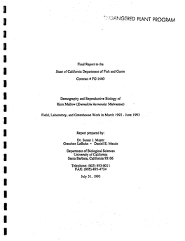 Eremalche Kernensis: Malvaceae) Field, Laboratory, and Greenhouse Work in March 1992 - June 1993 I