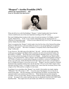 “Respect”--Aretha Franklin (1967) Added to the National Registry: 2002 Essay by Meredith Ochs (Guest Post)*