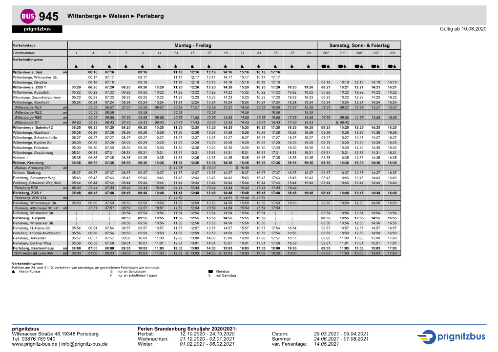 945 Wittenberge ÷ Weisen ÷ Perleberg Prignitzbus Gültig Ab 10.08.2020