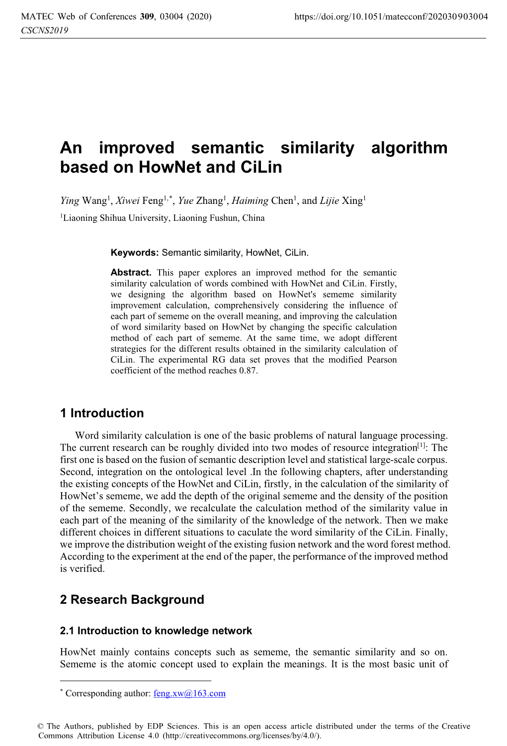 An Improved Semantic Similarity Algorithm Based on Hownet and Cilin