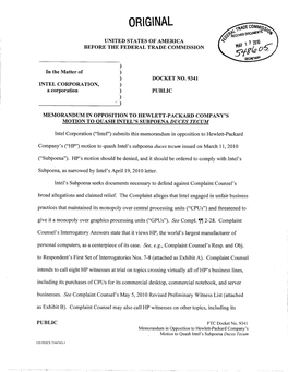 Memorandum in Opposition to Hewlett-Packard Company's Motion to Quash Intel's Subpoena Duces Tecum