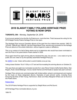 2018 Slaight Family Polaris Heritage Prize Voting Is Now Open