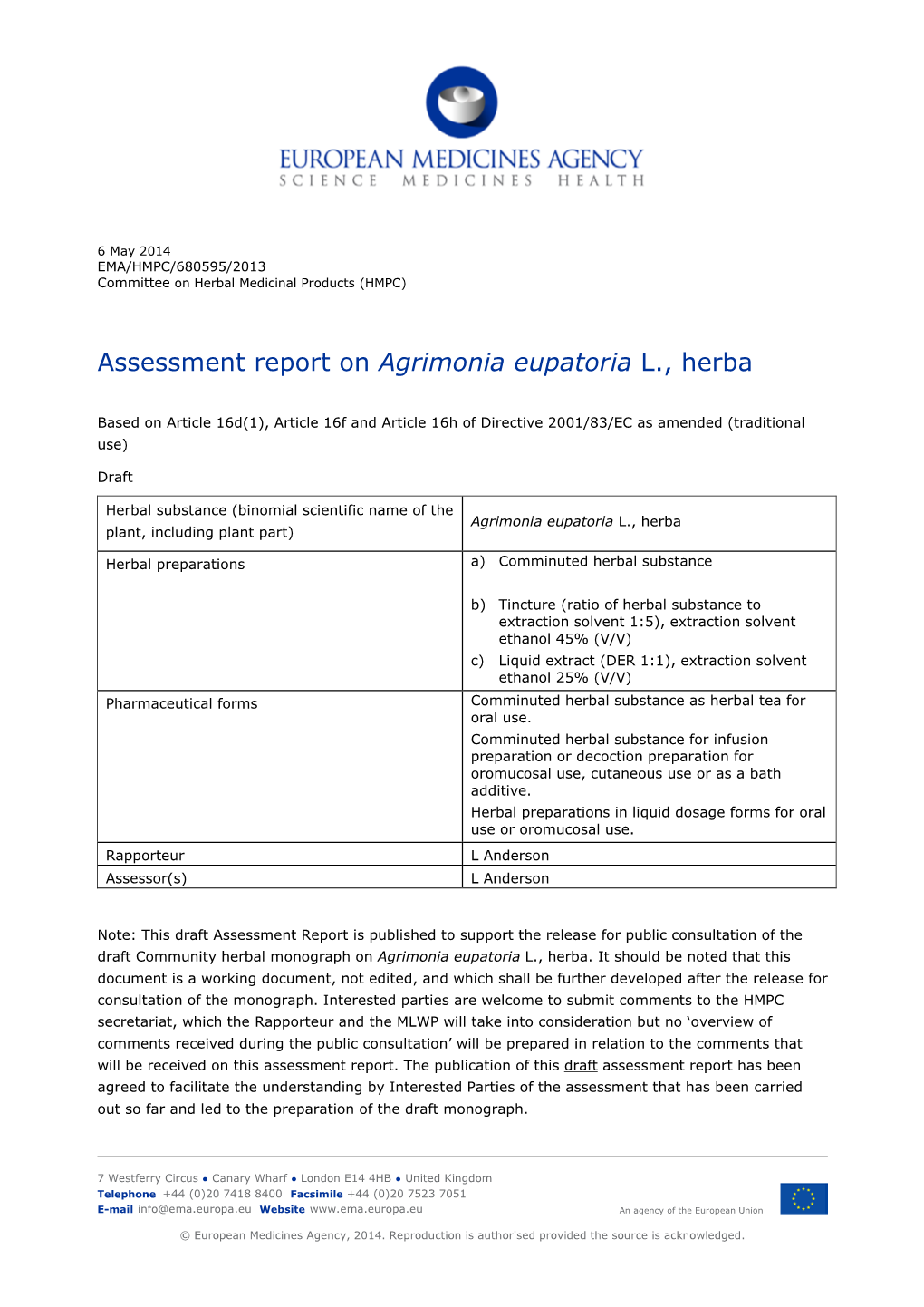 Assessment Report on Agrimonia Eupatoria L., Herba