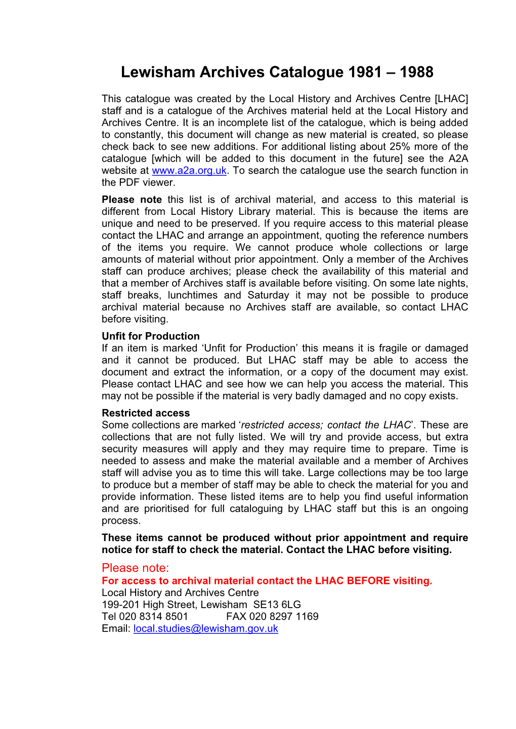 Lewisham Archives Catalogue 1981 to 1988