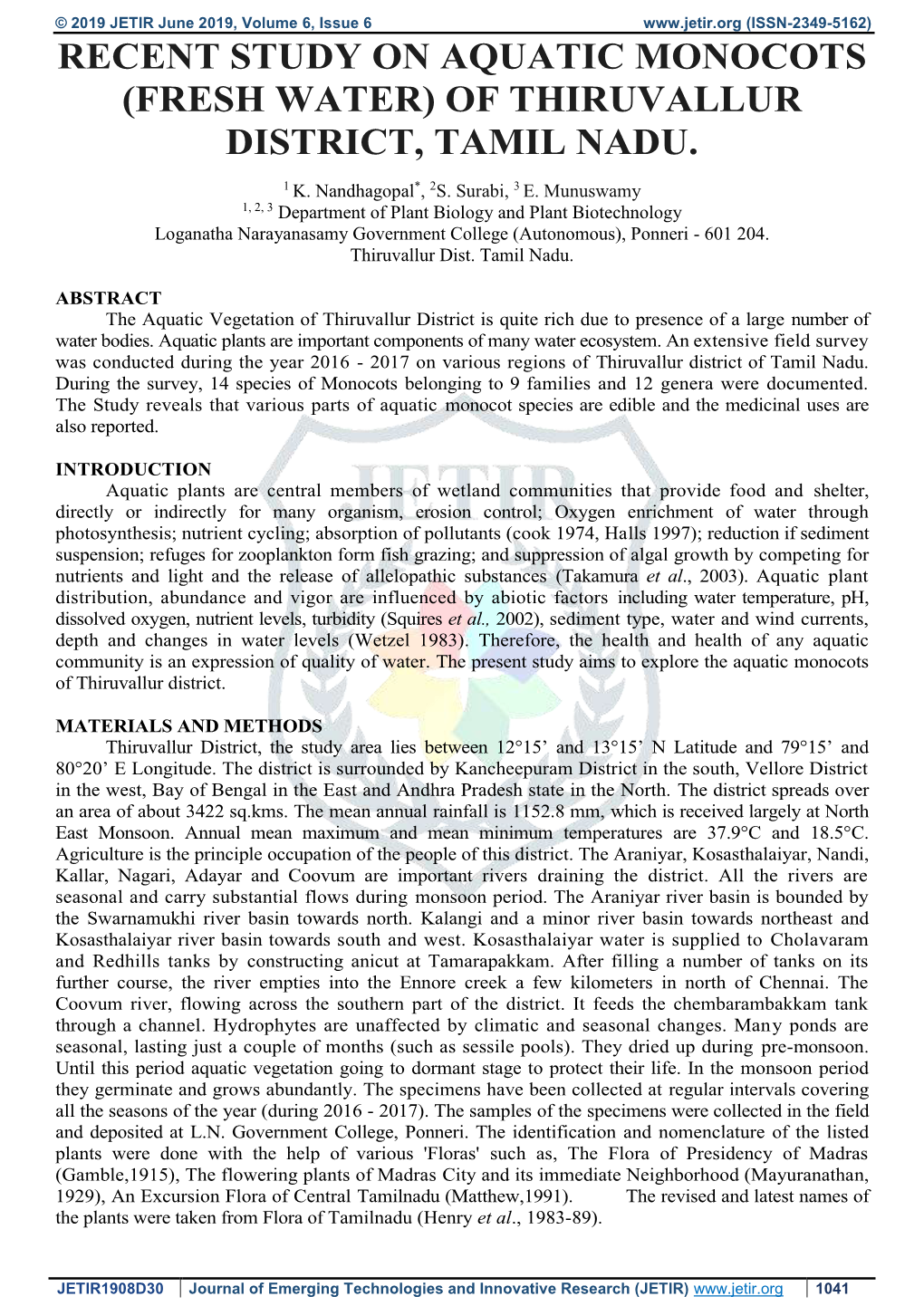 Recent Study on Aquatic Monocots (Fresh Water) of Thiruvallur District, Tamil Nadu